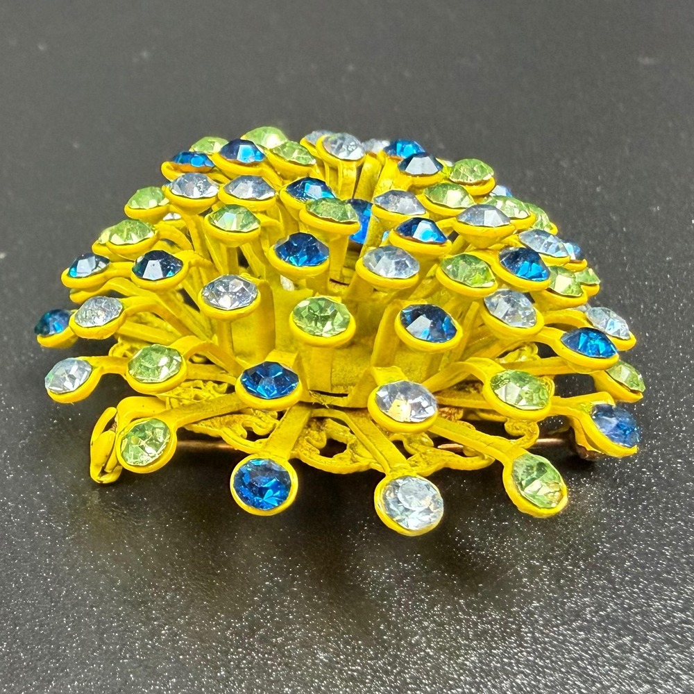 Vintage Atomic Brooch Yellow Blue Green Clear Rhinestones Sputnik Starburst - Picture 12 of 14